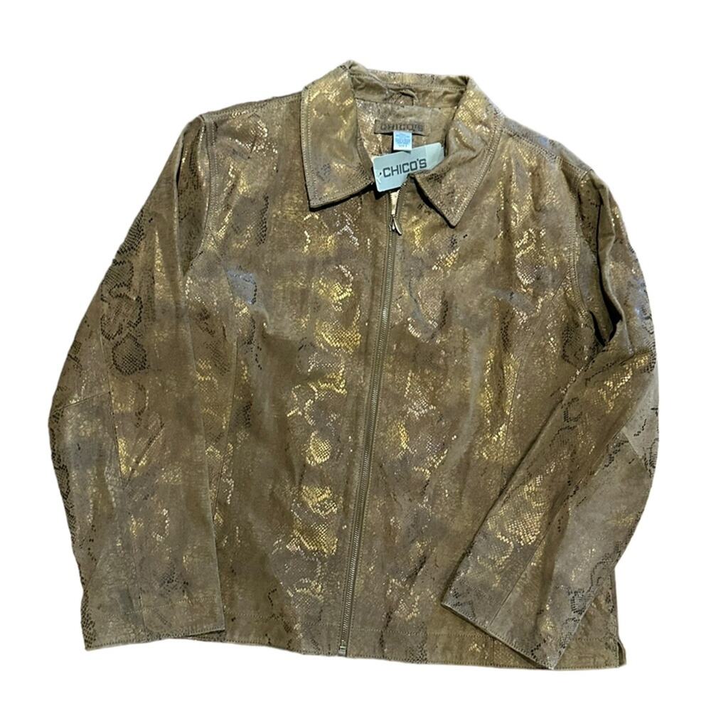 Chico’s Women’s 3 (16) Brown Leather with Metallic Snakeskin Full Zip Jacket NWT